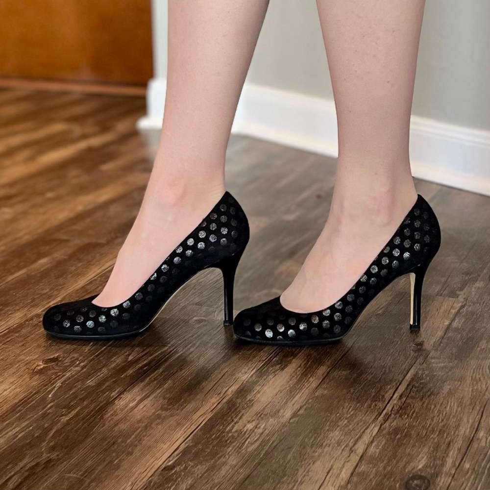 Kate Spade Shiny Polka Dot Black Velvet Round Toe Pumps